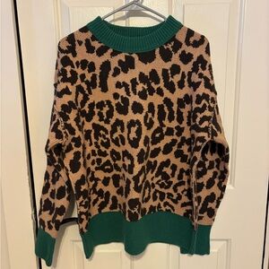 Aerie Leopard Print Sweater with Green Trim
